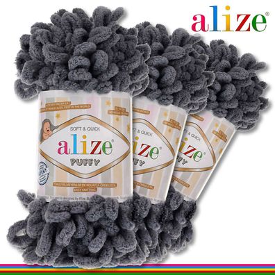 Alize 3 x 100 g Puffy Premium Wolle |87 Dunkelgrau| Schlaufenwolle Handstricken