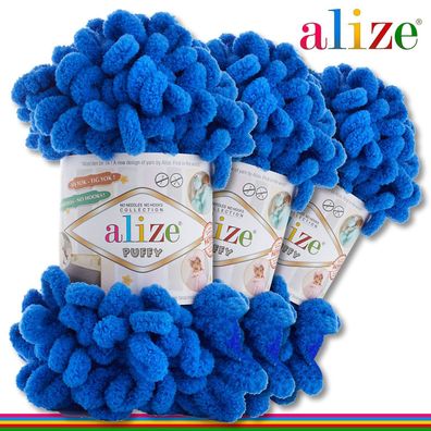 Alize 3 x 100 g Puffy Premium Wolle|141 Königsblau| Schlaufenwolle Handstricken