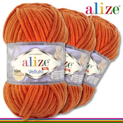 Alize 3 x 100 g Velluto Premium Wolle | 06 Orange | Chenillegarn Samtwolle