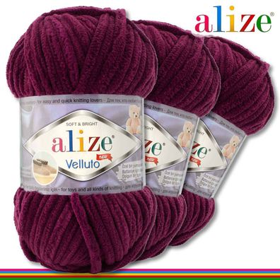 Alize 3 x 100 g Velluto Premium Wolle | 111 Pflaume | Chenillegarn Samtwolle