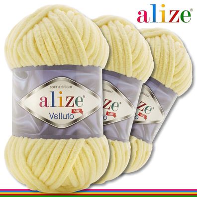 Alize 3 x 100 g Velluto Premium Wolle | 13 Hellgelb | Chenillegarn Samtwolle