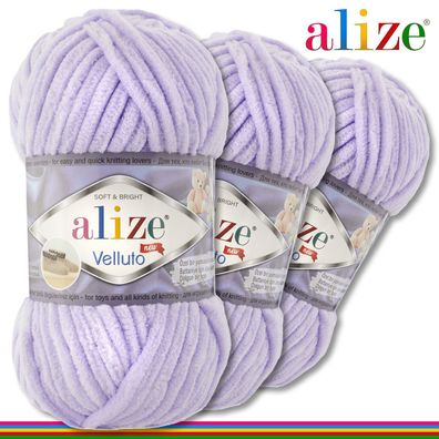 Alize 3 x 100 g Velluto Premium Wolle | 146 Lila | Chenillegarn Samtwolle