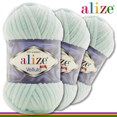 Alize 3 x 100 g Velluto Premium Wolle | 15 Mint |Chenillegarn Samtwolle