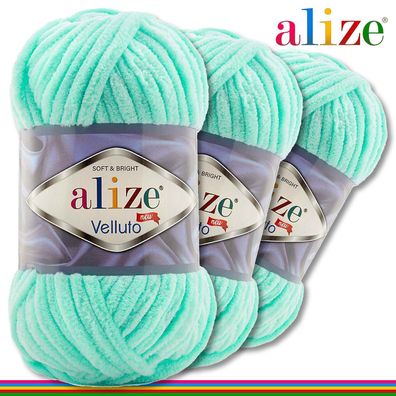 Alize 3 x 100 g Velluto Premium Wolle | 19 Lichtgrün | Chenillegarn Samtwolle