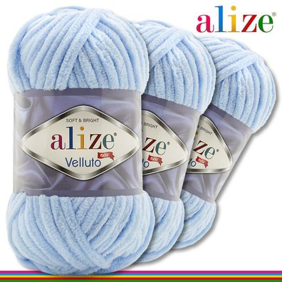 Alize 3 x 100 g Velluto Premium Wolle | 218 Babyblau | Chenillegarn Samtwolle