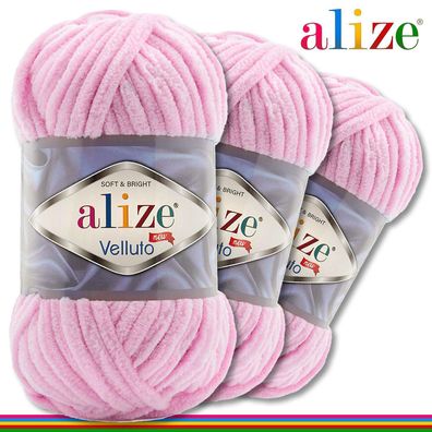 Alize 3 x 100 g Velluto Premium Wolle | 31 Babyrosa | Chenillegarn Samtwolle