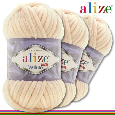 Alize 3 x 100 g Velluto Premium Wolle | 310 Honig | Chenillegarn Samtwolle