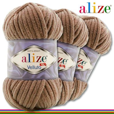 Alize 3 x 100 g Velluto Premium Wolle | 329 Tabak | Chenillegarn Samtwolle