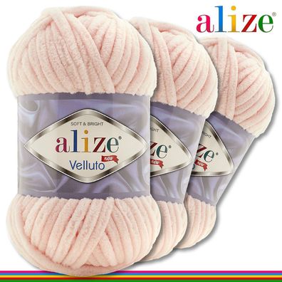 Alize 3 x 100 g Velluto Premium Wolle | 340 Puderrosa | Chenillegarn Samtwolle