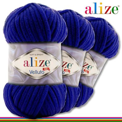 Alize 3 x 100 g Velluto Premium Wolle | 360 Dunkelblau | Chenillegarn Samtwolle