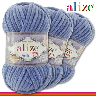 Alize 3 x 100 g Velluto Premium Wolle | 374 Denim | Chenillegarn Samtwolle