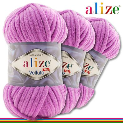 Alize 3 x 100 g Velluto Premium Wolle | 378 Orchidee |Chenillegarn Samtwolle