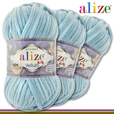 Alize 3 x 100 g Velluto Premium Wolle | 414 Azurblau | Chenillegarn Samtwolle