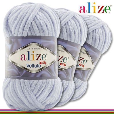 Alize 3 x 100 g Velluto Premium Wolle | 416 Grau | Chenillegarn Samtwolle