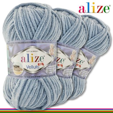 Alize 3 x 100 g Velluto Premium Wolle | 428 Mittelgrau | Chenillegarn Samtwolle