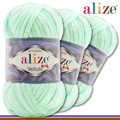 Alize 3 x 100 g Velluto Premium Wolle | 464 Hellgrün | Chenillegarn Samtwolle