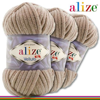 Alize 3 x 100 g Velluto Premium Wolle | 530 Beige | Chenillegarn Samtwolle