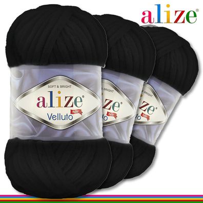 Alize 3 x 100 g Velluto Premium Wolle | 60 Schwarz | Chenillegarn Samtwolle