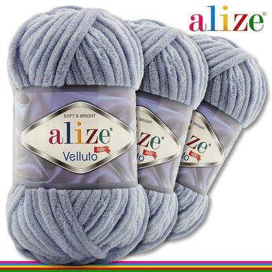 Alize 3 x 100 g Velluto Premium Wolle | 87 Dunkelgrau | Chenillegarn Samtwolle