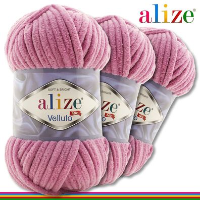 Alize 3 x 100 g Velluto Premium Wolle | 98 Rose | Chenillegarn Samtwolle