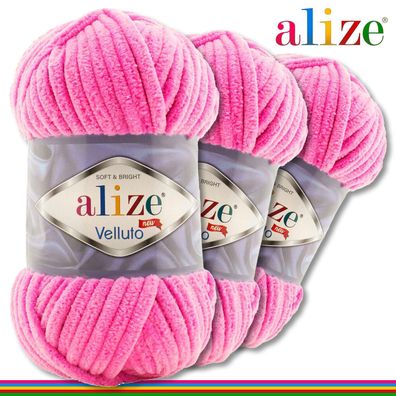 Alize 3 x 100 g Velluto Premium Wolle |121 Pink | Chenillegarn Samtwolle