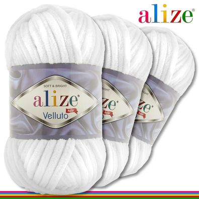 Alize 3 x 100 g Velluto Premium Wolle |55 Weiß|Chenillegarn Samtwolle Handarbeit