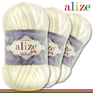 Alize 3 x 100 g Velluto Premium Wolle |62 Hellcreme | Chenillegarn Samtwolle
