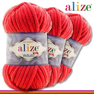 Alize 3 x 100 g Velluto Premium Wolle| 56 Rot |Chenillegarn Samtwolle Handarbeit
