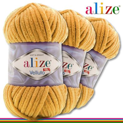 Alize 3 x 100 g Velluto Premium Wolle|02 Senf |Chenillegarn Samtwolle Handarbeit
