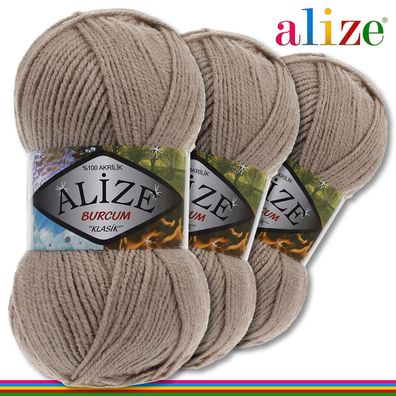 Alize 3 x100 g Burcum Klassik Wolle 100% Acryl |Hellbraun 167| Stricken | Klasik