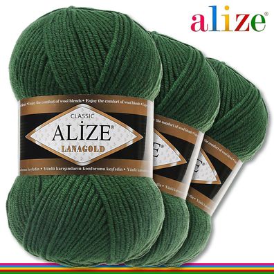 Alize 3 x100 g Lanagold Premium Wolle 49%Wolle-51%Acryl| Tannengrün 118 |