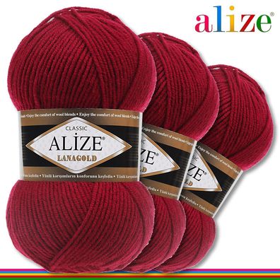 Alize 3x 100 g Lanagold Premium Wolle 49%Wolle-51%Acryl|Kirschrot 390|Handarbeit