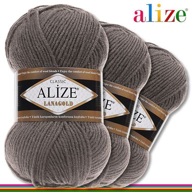 Alize 3x 100 g Lanagold Premium Wolle 49%Wolle-51%Acryl|Rauchgrau 348|Handarbeit