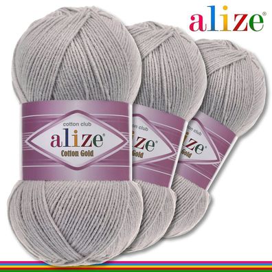 Alize 3x100 g Cotton Gold Premium Wolle Baumwolle - Acryl | Grau Melange 21 |