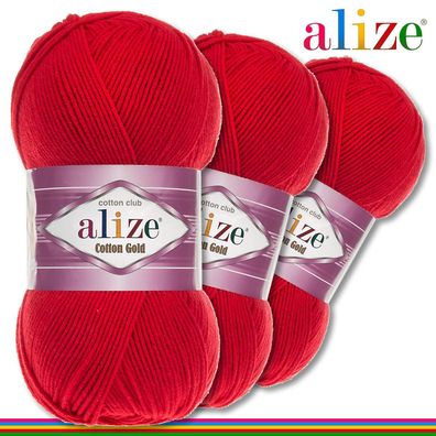 Alize 3x100 g Cotton Gold Premium Wolle Baumwolle - Acryl | Rot 56 |Handarbeit