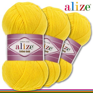 Alize 3x100 g Cotton Gold Premium Wolle Baumwolle - Acryl | Sonnengelb 110 |
