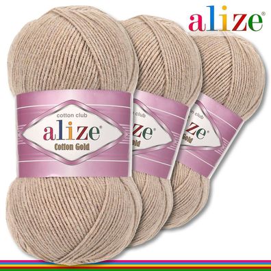 Alize 3x100 g Cotton Gold Premium Wolle Baumwolle - Acryl |Beige Melange 152|