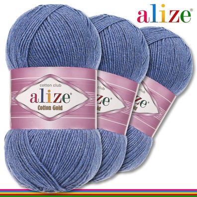Alize 3x100 g Cotton Gold Premium Wolle Baumwolle - Acryll | Blau Melange 374|