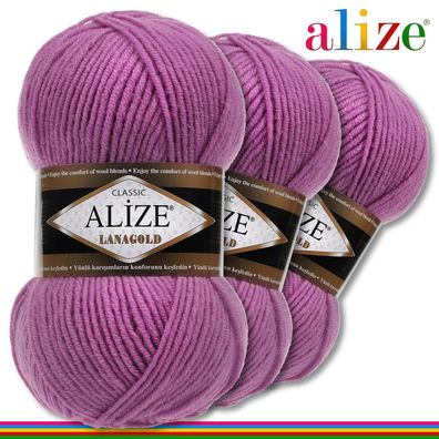 Alize 3x100 g Lanagold Premium Wolle 440 Dunkle Rose Handarbeit Stricken Häkeln