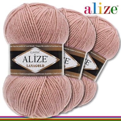 Alize 3x100 g Lanagold Premium Wolle 49% Wolle 51% Acryl |Altrosa 173|Handarbeit