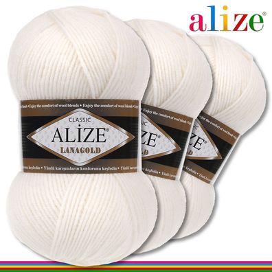 Alize 3x100 g Lanagold Premium Wolle 49% Wolle 51% Acryl|Perlweiß 450|Handarbeit
