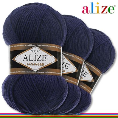Alize 3x100 g Lanagold Premium Wolle 49%Wolle-51%Acryl|Dunkelblau 590|Handarbeit