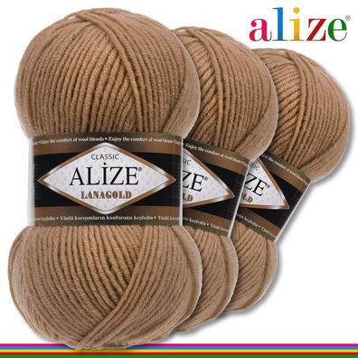Alize 3x100 g Lanagold Premium Wolle Dunkelbeige 466 Handarbeit Häkeln Stricken