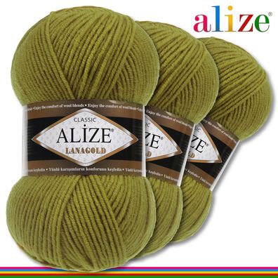 Alize 3x100 g Lanagold Premium Wolle Olivgrün 758 Handarbeit Häkeln Stricken