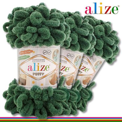 Alize 3x100 g Puffy Premium Wolle | 532 Tannengrün |Schlaufenwolle Handstricken