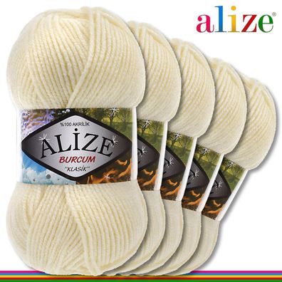 Alize 5 x 100 g Burcum Klassik Wolle 100% Acryl | Creme 01 | Stricken | Klasik