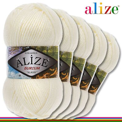 Alize 5 x 100 g Burcum Klassik Wolle 100% Acryl | Hellcreme 62 | Stricken Klasik