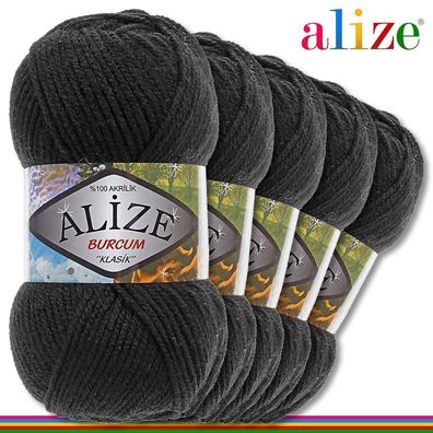 Alize 5 x 100 g Burcum Klassik Wolle 100% Acryl | Schwarz 60 | Stricken | Klasik