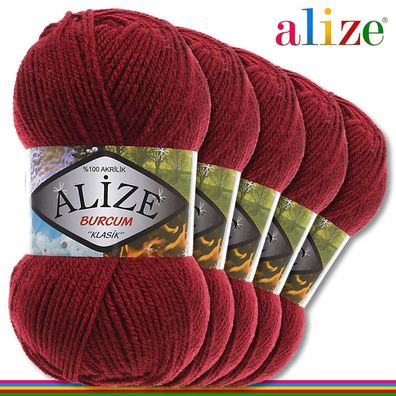 Alize 5 x 100 g Burcum Klassik Wolle 100% Acryl |Bordeaux 57| Stricken| Klasik