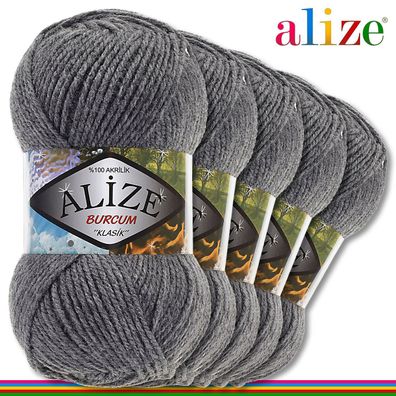 Alize 5 x 100 g Burcum Klassik Wolle 100% Acryl |Dunkelgrau Melange 196|Klasik